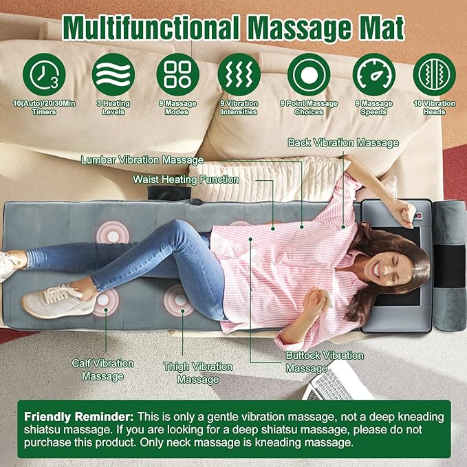Full Body Massage Mat with Heat, Vibration Massage Pad with Detachable Shiatsu Neck Massager & Foot Massager, Inflatable Head Pillow and Lumbar Pillow, 10 Vibration Motors 3 Timers for Home Use