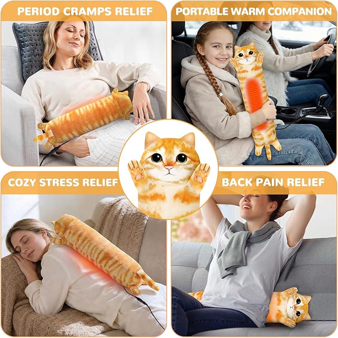 Cat Heating Pad for Period Cramps Menstrual Pain Relief, Portable Electric Heat Pads USB Powered, Cute Stuff Stuffed Animals Funny Gifts for Women Teen Girls s Cat Lovers Birthday Easter Christmas