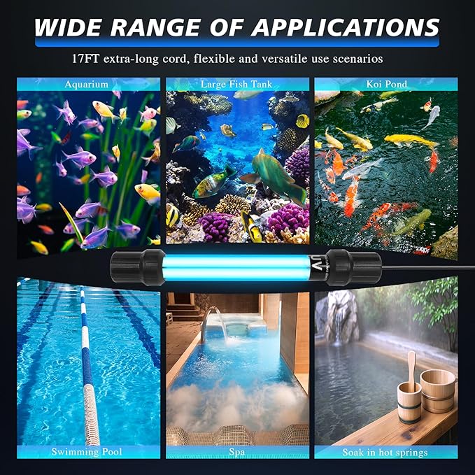 20W UV Submersible Sterilizer Light for Aquarium, Pond, Cold Plunge, Pool, Hot Tub – Ozone-Free UV-C Water Filter Lamp with Quartz Glass, Weighted Gravity Block