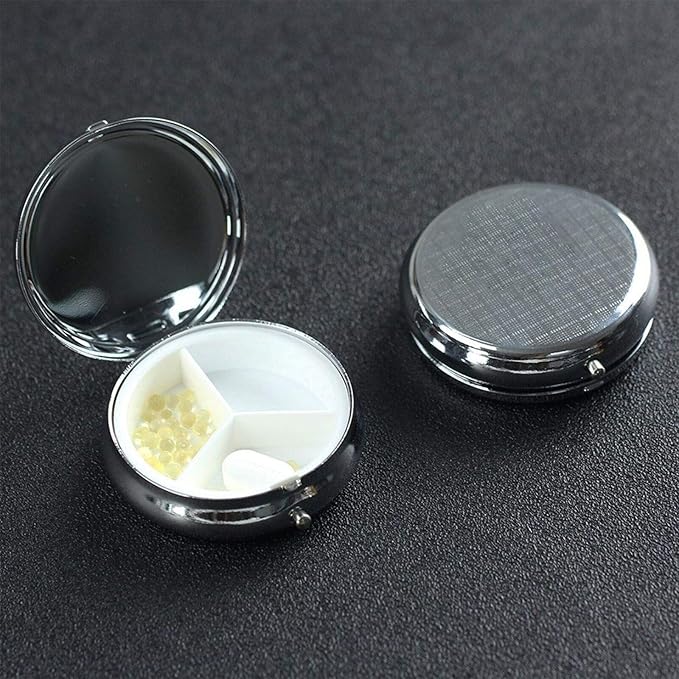 Custom Travel Medicine Organizer, Medicine Pill Box Case Container Travel Pill Holder Vitamin for Purse Med Wallet Portable Mini Pastillero Round, Gray, Personalized Gifts