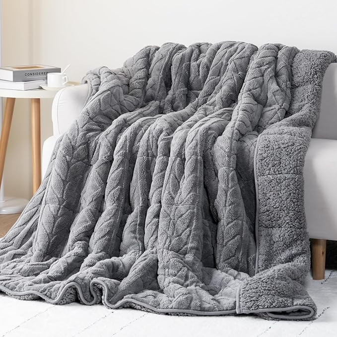 Cottonblue Weighted Blanket for Adults - Plush Cozy Sherpa Weighted Blankets for a Better Night's Sleep, Luxurious Jacquard Decor Blanket Queen Size for Bed Sofa Couch, 60x80 Inches,15lbs,Grey