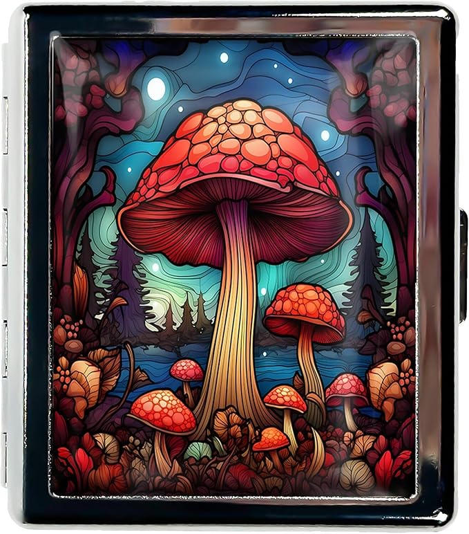 Cute Travel Pill Box Organizer with 8 Compartments - Compact and Fashionable Pill Case with Mirror - Ideal for Medications (Mushroom Fantasy)