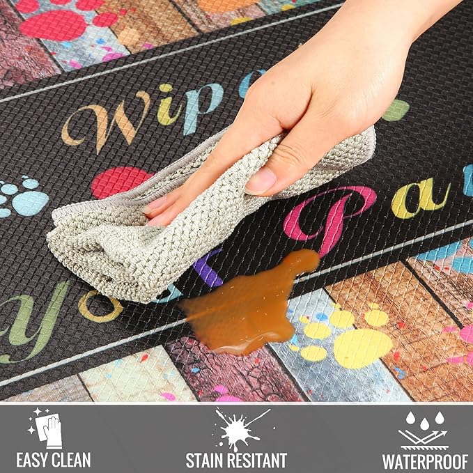 Kitchen Anti Fatigue Mat Set of 2,Waterproof Non-Skid Cushioned Kitchen Floor Mat Comfort Standing Mat for Home, Office, Sink, Laundry, Colorful Paws (Black/Green)
