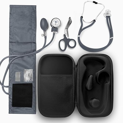 ASA TECHMED Medical Starter Kit – Stethoscope, Durable Blood Pressure Monitor, EMT Shears & Protective Carrying Case – Ideal for Healthcare Students & Professionals, Gray