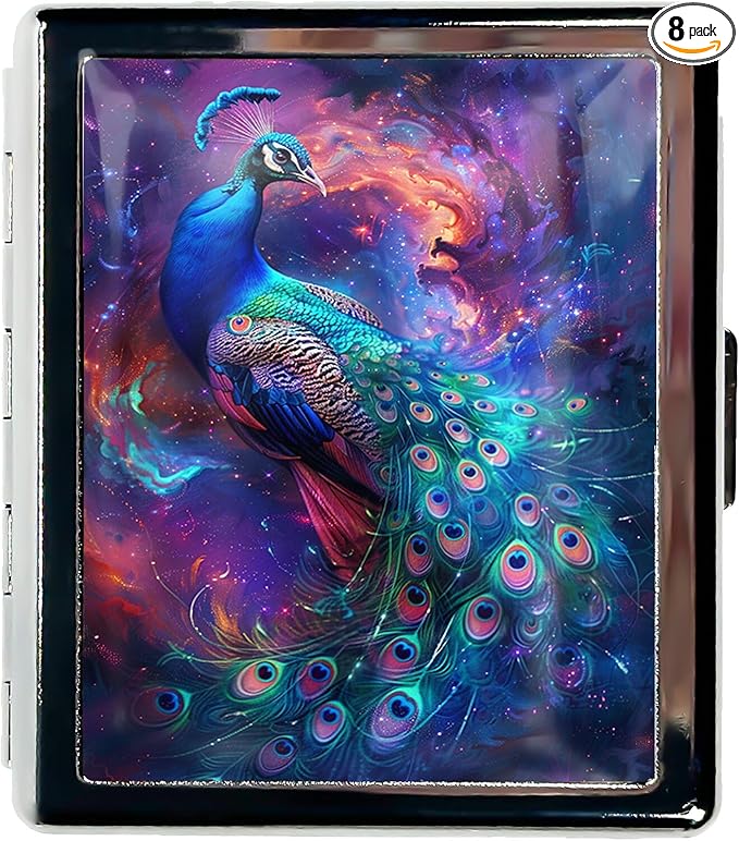Cute Travel Pill Box Organizer with 8 Compartments - Compact and Fashionable Pill Case with Mirror - Ideal for Medications (Cosmic Peacock)