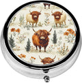 Pill Box, 3 Compartments Small Pill Case Travel Portable Metal Medicine Box with Mirror Mini Container for Purse Pocket Women Men（Highland Cow Floral）