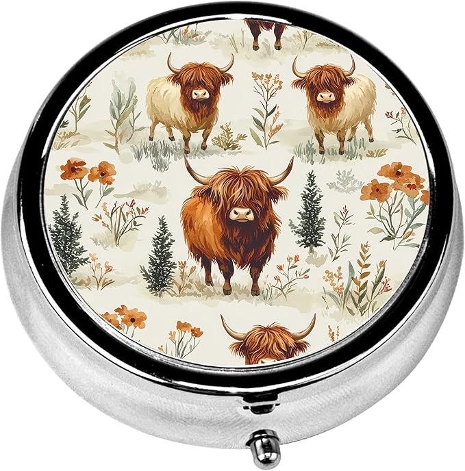 Pill Box, 3 Compartments Small Pill Case Travel Portable Metal Medicine Box with Mirror Mini Container for Purse Pocket Women Men（Highland Cow Floral）