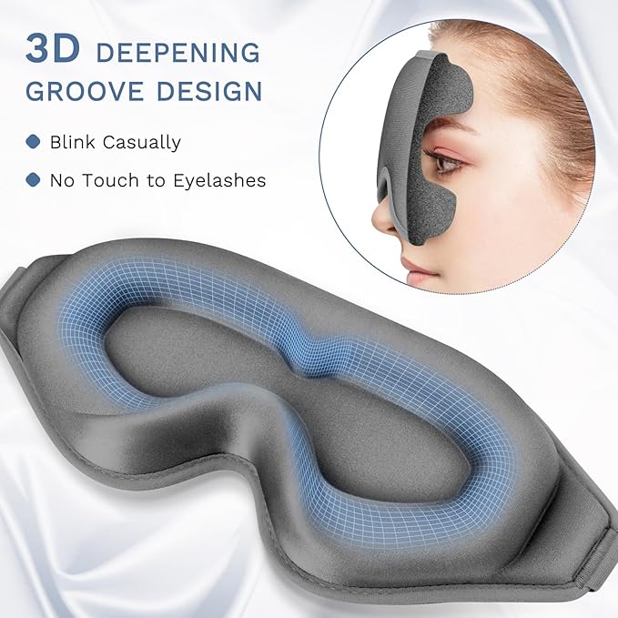 FlyCoco 99% Fully Block Out Light Eye Sleep Mask, 3D Deep Contoured Eyes Cover Zero Pressure, Long Lash Extension Eyes Mask with Adjustable Straps for Sleeping Travel Home Nap Rest Women Men (Grey)