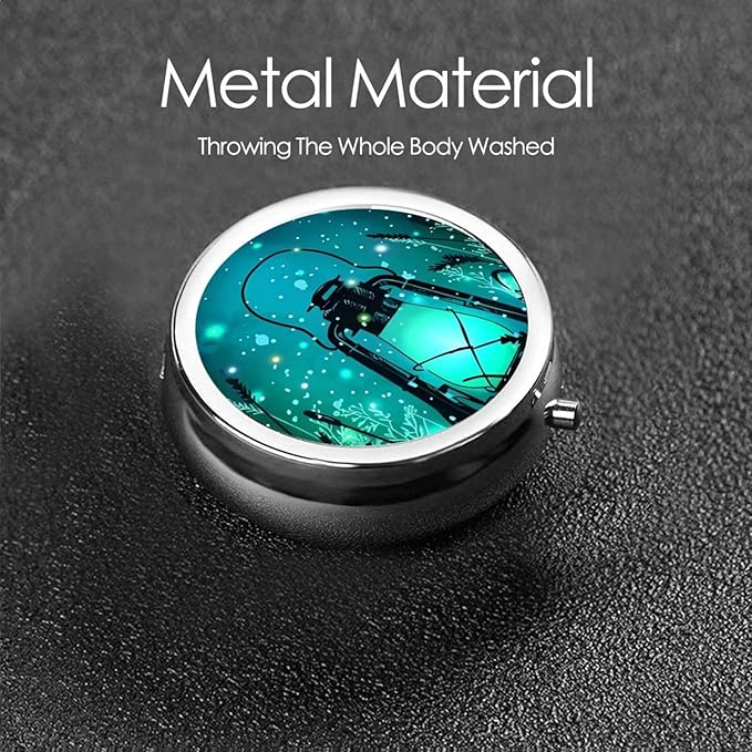 Fireflies and Lantern Printed Round Travel Pill Box Cute Small Metal Pocket Pill Case for Men & Women 3 Compartment Portable Pill Organizer for Purse or Pocket