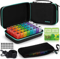 Monthly Pill Organizer 2 Times a Day with Weekly Pill Bag, 30 Day Pill Organizer 2 Times a Day with 32 Compartments, Monthly Stickers, Shoulder Strap, Hard Travel Case Medicine Vitamins Case