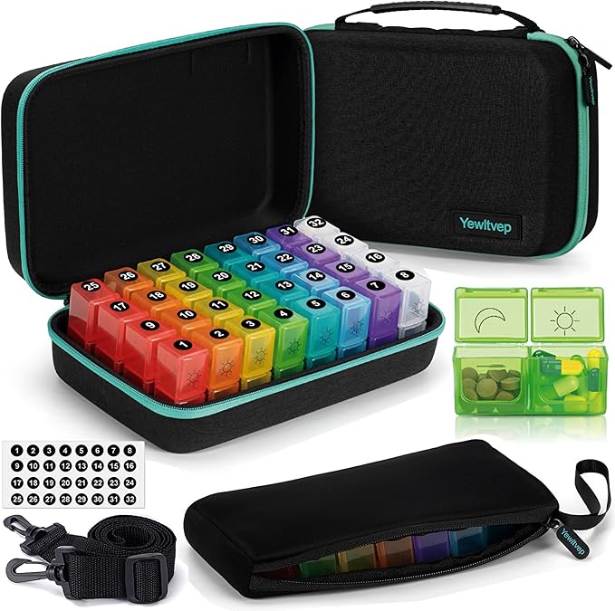 Monthly Pill Organizer 2 Times a Day with Weekly Pill Bag, 30 Day Pill Organizer 2 Times a Day with 32 Compartments, Monthly Stickers, Shoulder Strap, Hard Travel Case Medicine Vitamins Case