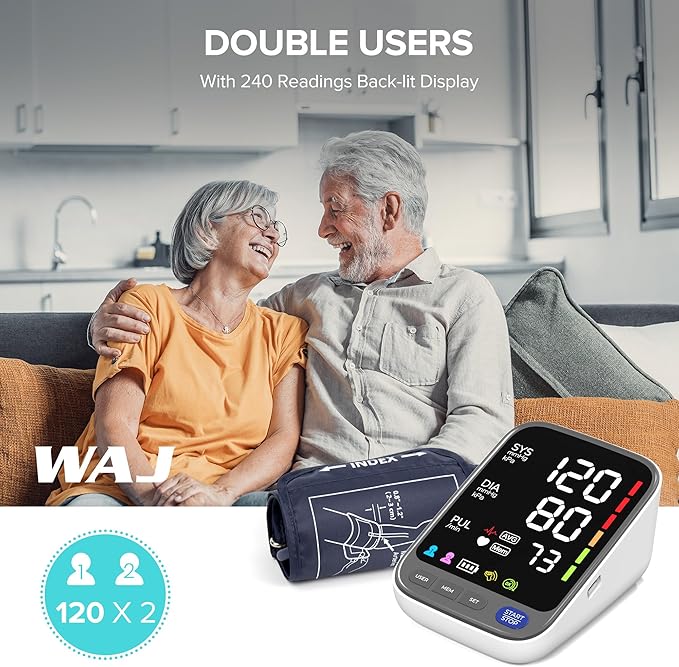WAJ Automatic Upper Arm Blood Pressure Monitor for Home Use, 6.4 Inch LED Backlit Display, 8.6"-16.5" Adjustable Cuff, 2x120 Reading Memory, Accurate BP Machine with Hypertension Indicator, White