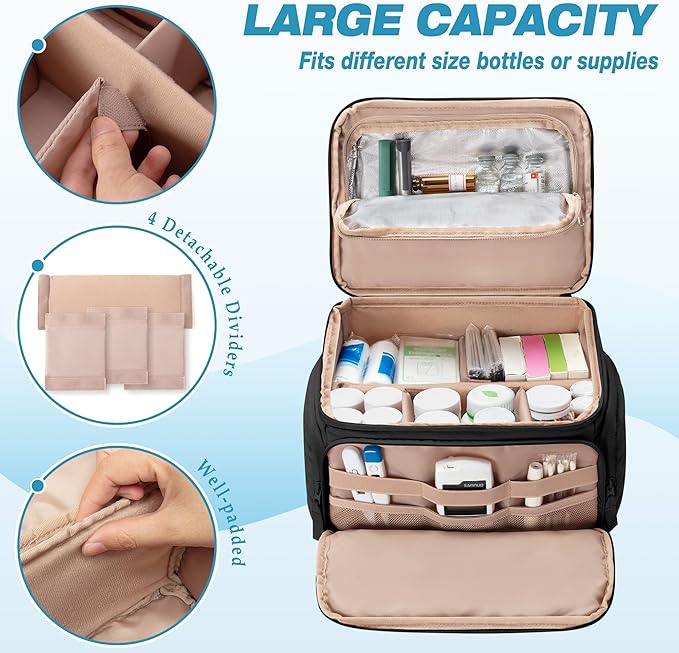 Medicine Organizer Bag with Insulated Pocket for Travel, Pill Bottle Storage Case with 4 Customized Dividers for Medication, Insulin and First Aid Supplies, Black (BAG ONLY)