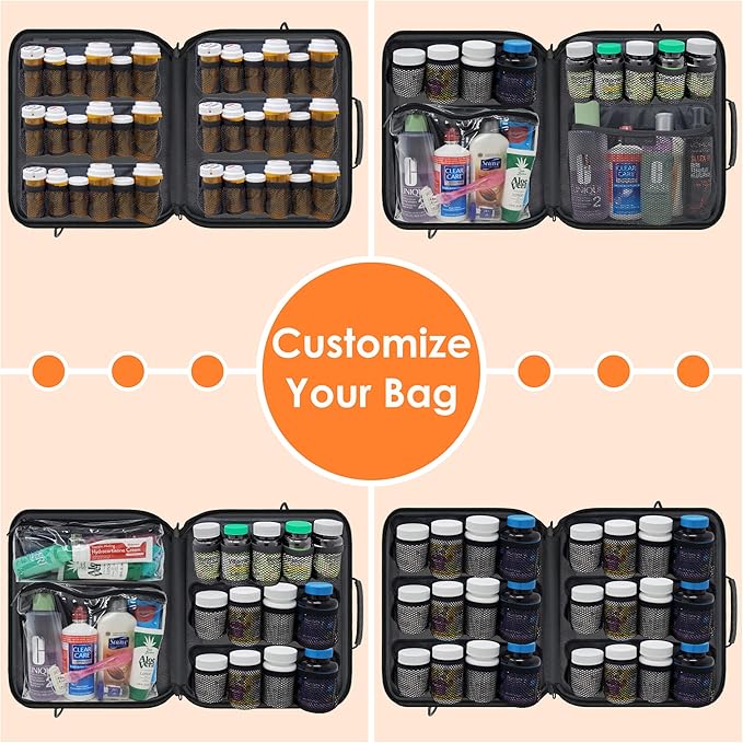 Extra-Large Pill Bottle Organizer, Medicine Bag, Carrier for Medications, Vitamins, and Medical Supplies - Modular Travel Medicine Organizer and Home Storage Med Bag - Dark Gray (with Lock)