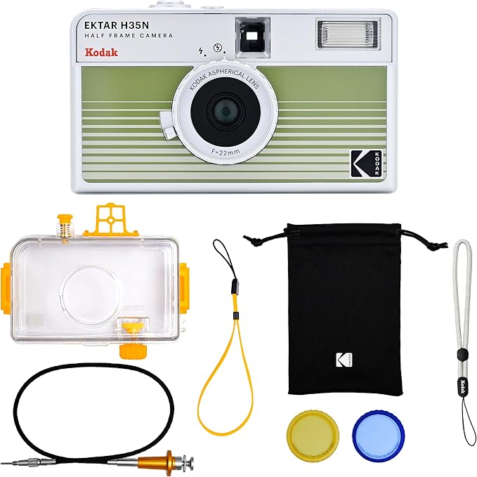 KODAK EKTAR H35N Half Frame Film Camera, 35mm, Reusable, Focus-Free, Bulb Function, Built-in Star Filter, Coated Improved Lens (Film & AAA Battery are not Included) (Striped Green, Premium Kit)