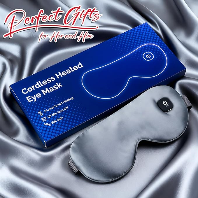 Cordless Heated Eye Mask for Dry Eyes, Blocking Light Warm Compress Rechargeable, 1000mAh Electric Eye Heating Pad for Sleeping, Washable Heat Sleep Mask with 3 Temperature Settings, Grey