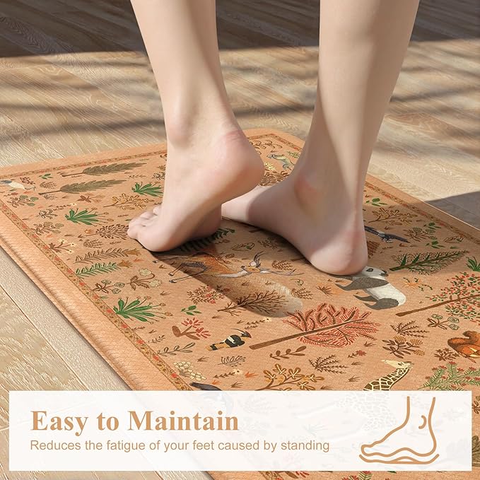 KIMODE Kitchen Floor Mats for Floor Cushioned Anti Fatigue Animal Forest Kitchen Rugs Sets of 2,Padded Memory Foam Under Kitchen Sink Mat for Laundry Decor,Orange Light Brown