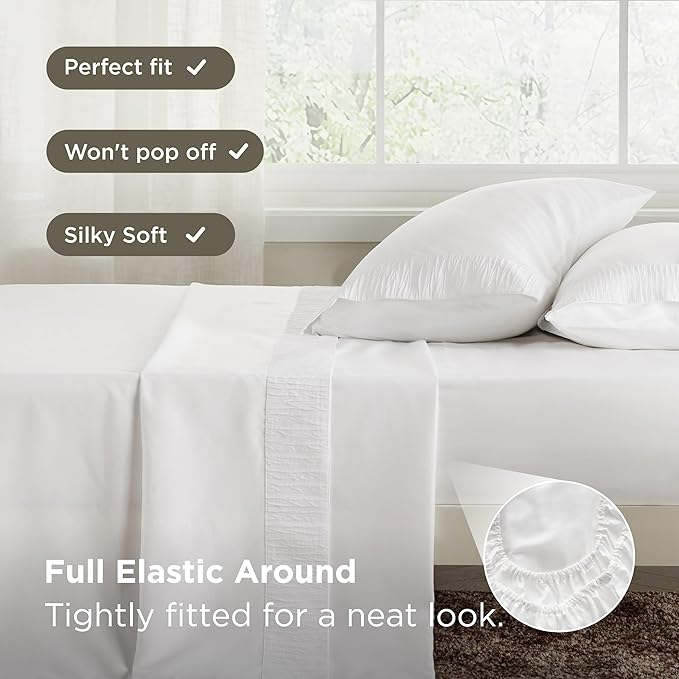 Bedsure Queen Sheet Set - 4 Pieces Soft Queen Size Sheets - Breathable & Cooling - Hotel Luxury - Easy Care Polyester Microfiber Bedding for Women, Men, White