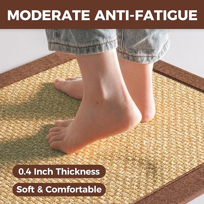Kitchen Rugs Mat Non Slip Washable, 0.4" Thick Anti Fatigue Cushioned Kitchen Mats for Floor, Absorbent Jute-Look Kitchen Runner Rug Sink Mat Laundry Standing Mats, Easy Clean, Brown 17"x47"
