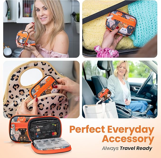 Made Easy Kit Pill Case for Everyday and Travel - 7-Day Weekly Medicine Supplement Vitamin Organizer Sorter Tracker - Neoprene Bag with Pockets - Compact Portable 8 Compartments (Orange Cat)