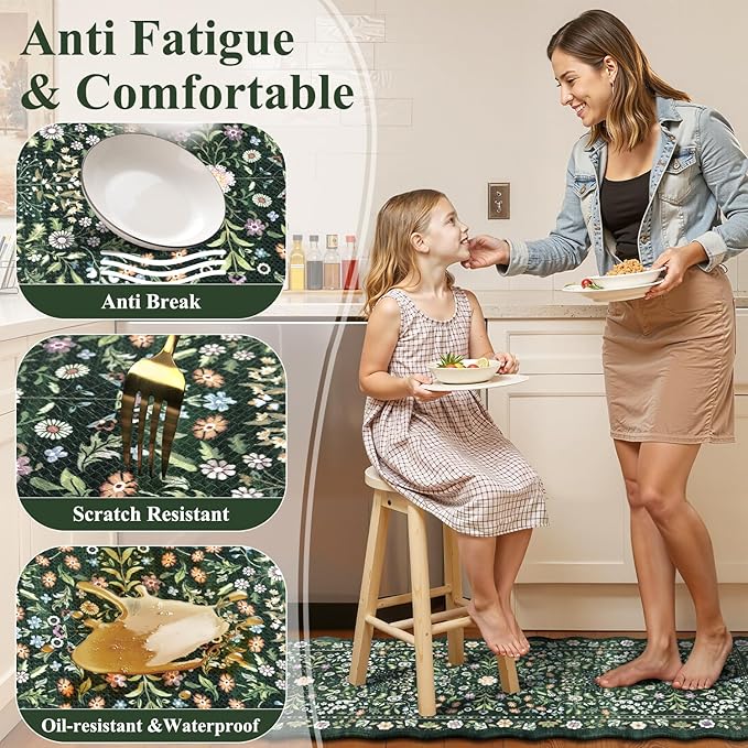 Yamaziot Anti Fatigue Kitchen Rugs Set of 3 - Boho Non Slip Waterproof Kitchen Mats for Floor, Boho Runner Rug for Kitchen Floor, Laundry, Office, 17.3"x29"+17.3"x35"+17.3"x47", Green & Black
