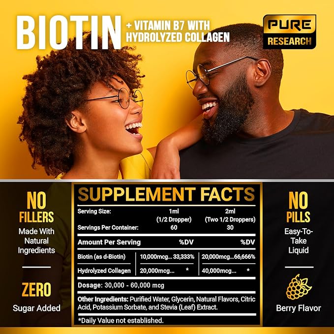 PURE RESEARCH Liquid Biotin & Collagen Hair Growth Drops 60,000mcg – Biotin and Liquid Collagen Supplements for Women & Men – Supports Glowing Skin, Healthy Hair & Nail Growth (2Fl Oz)