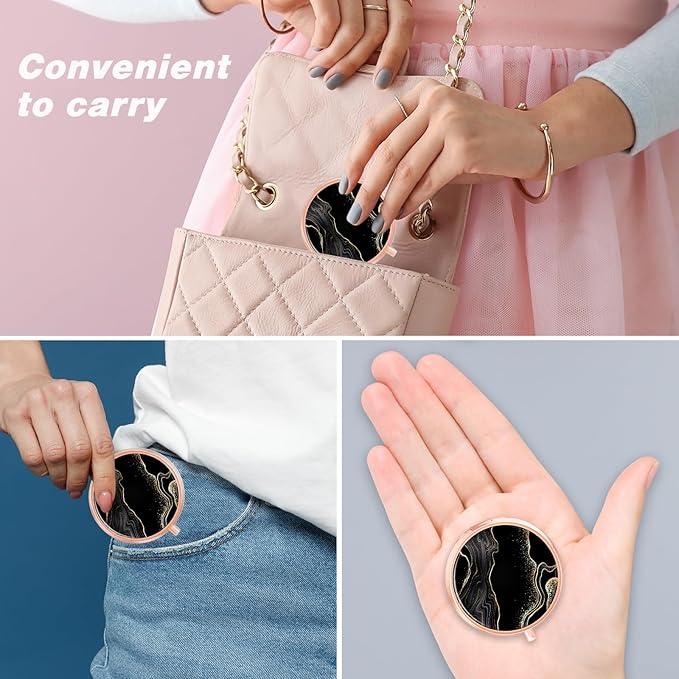 Rouidr Pill Box, 3 Compartment Medicine Pill Case, Small Metal Travel Medicine Box for Purse & Pocket, Rose Gold, Luxury Black Marble