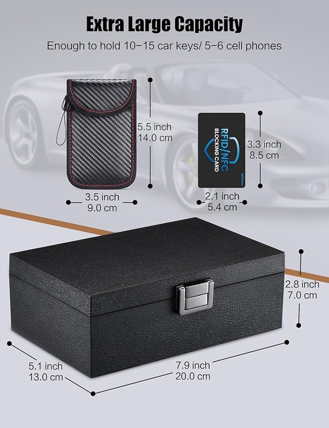 Faraday Box, RFID Key Fob Protector, 8.0" x 5.2" x 2.8" Anti-Theft Signal Blocking Shielding Cage with Faraday Pouch 2 Pack