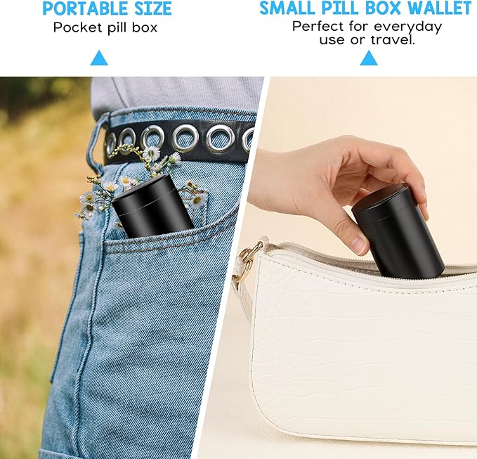 Portable Metal Small Pill Case, Round Alloy Pill Holder Pocket Small Pill Box Waterproof Medicine Organizer Bottle Container for Travel Outdoor Vitamin Fish Oils (Black)