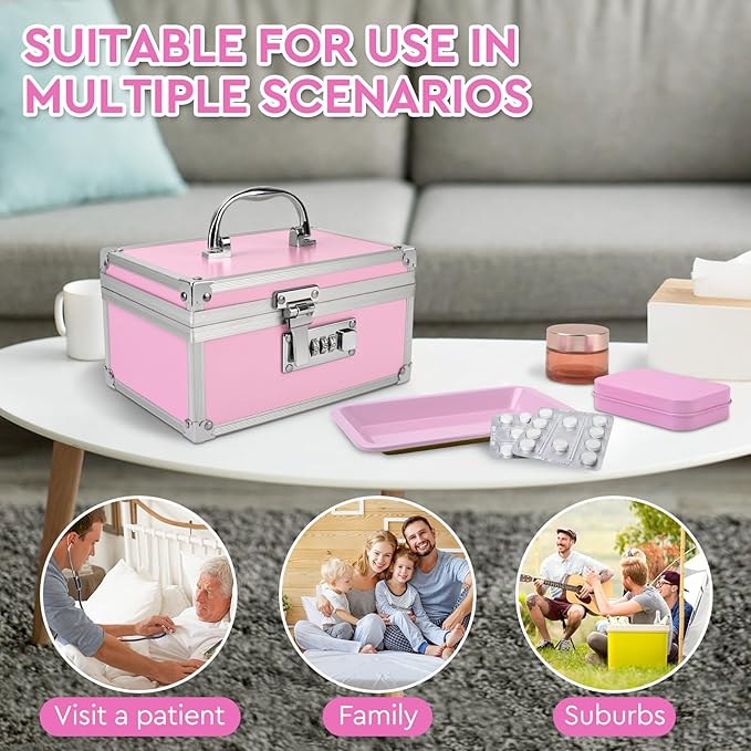 Travel Smell Proof Safe Locking Box With 6 PCS Accessories, Premium Medicine Organizers Case, Childproof Pill Box Organizer, Lock box for Valuables, Pink