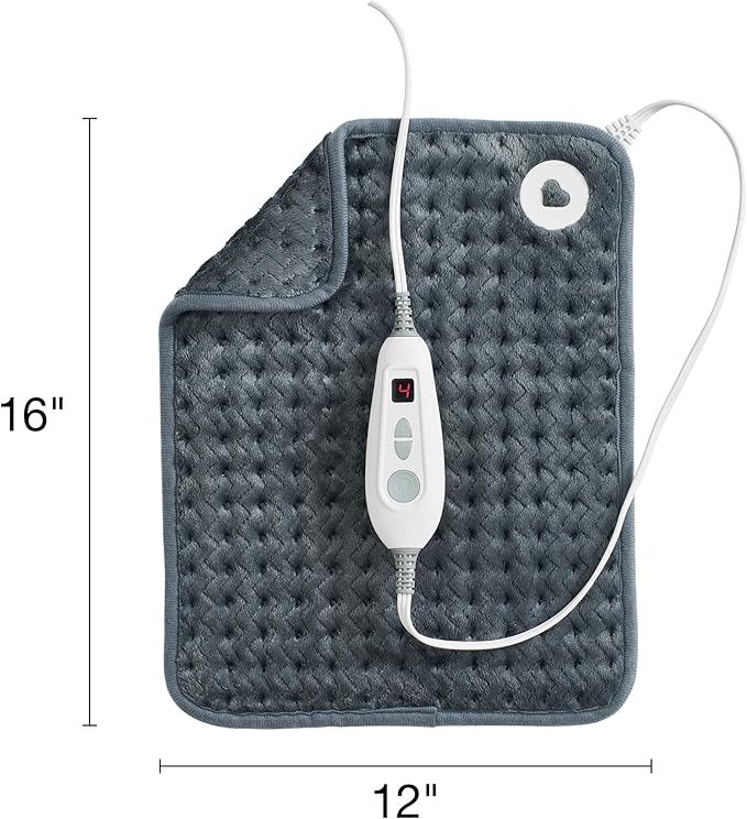 Brookstone Herringbone Portable Heating Pad - Super Soft Plush, 6 Heat Settings, Machine Washable, Easy-to-Use Controller, 16'' x 12'' for Pain Relief, Period Cramps, Warmth (Gray)