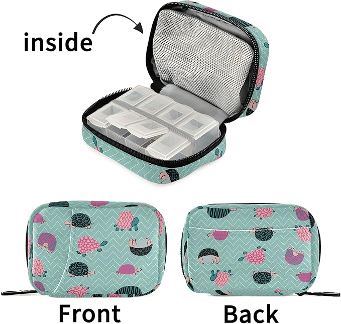 Naanle Swirl Cartoon Turtle Pill Box 7 Day Pill Case Travel Pill Organizer Bag with Zipper Portable Weekly Case Compact Size for Vitamin Supplement Holder Home