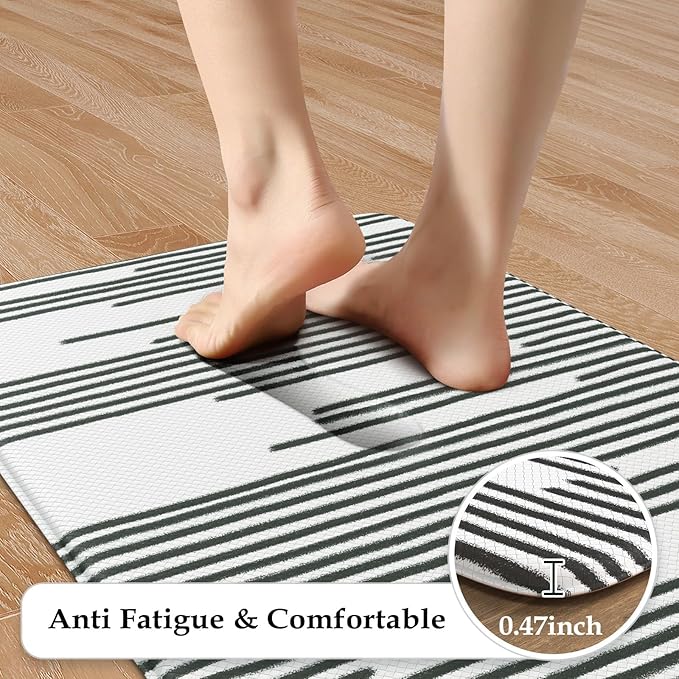 KIMODE Kitchen Mats Cushioned Anti Fatigue, Black Line Geometric Kitchen Rugs Sets of 2, Padded Kitchen Floor Mats Non Slip, Standing Desk Mats for Laundry Office Sink 20"x47"+20"x32"