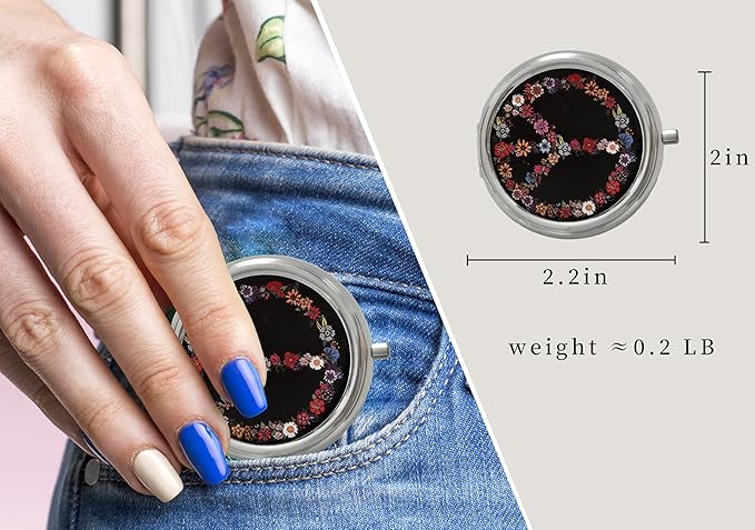 3 Compartment Pill Organizer Metal Portable Circle Pill Box 3 Times a Day for Vitamin,Supplements 70s Peace Sign(70S)