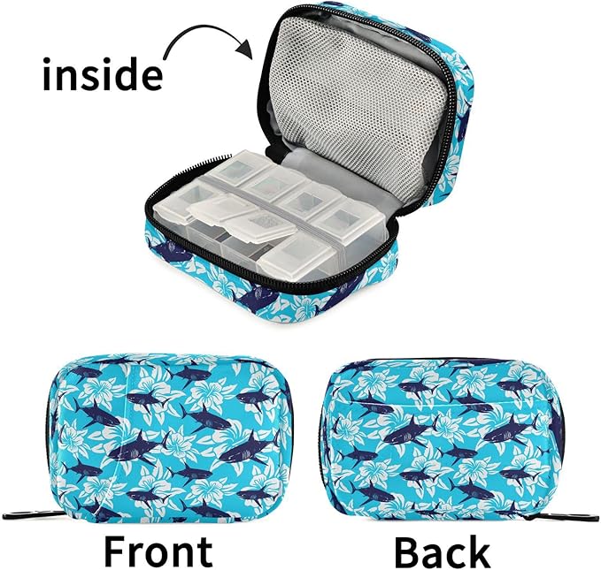 Shark Tropical Hibiscus Flower Pill Box 7 Day Pill Case Travel Pill Organizer Bag Container for Medicine with Zipper Portable Weekly Case Compact Size for Medicine, Vitamin, Supplement