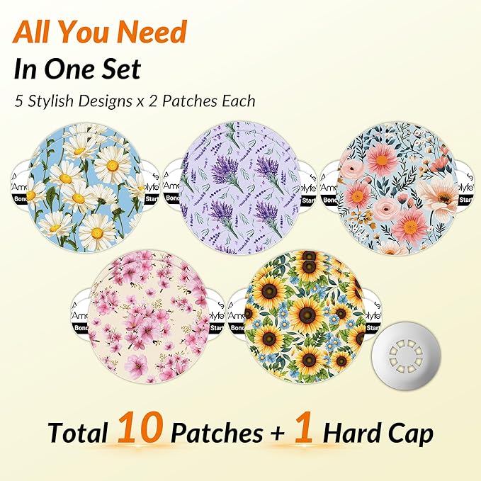 Libre 3 & Plus Sensor Covers Waterproof, Amolyfe 10 Pack Freestyle Libre 3 Sensor Covers, Bump-Proof with Hard Cap for Free Style Glucose Sensor, Easy-Peel Tab 14-Day Protection (Daisy)