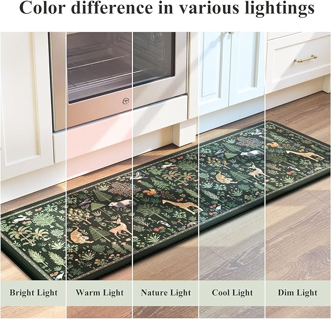 KIMODE Comfort Kitchen Mats for Floor Cushioned Anti Fatigue,Farmhouse Animal Forest Kitchen Rugs Sets of 2 Non Slip,Memory Foam Kitchen Standing Mat Laundry Sink Office Home,Black