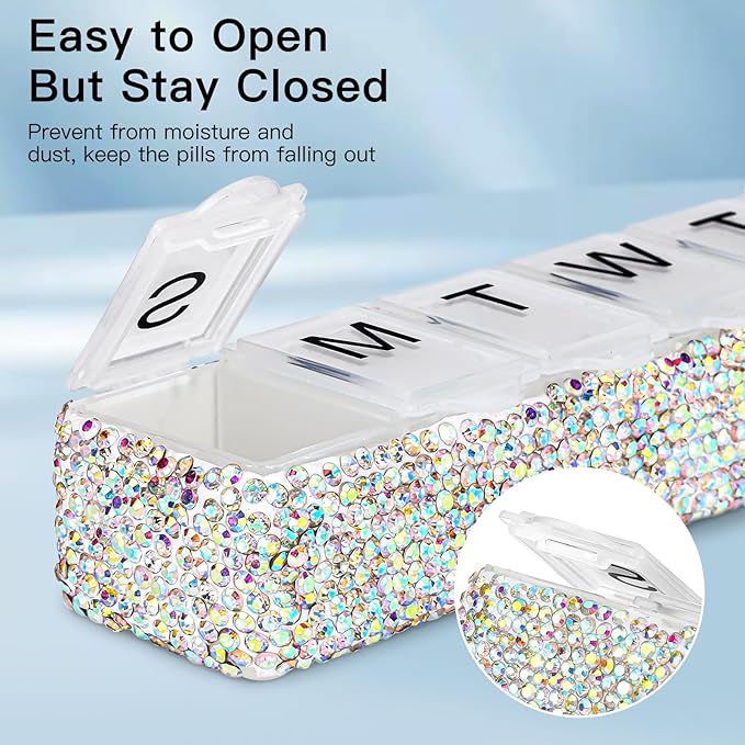 Soleebee Portable Weekly 7 Day Pill Organizer, Bling Crystal Pill Box Case, Travel Pill Planner, Pill Dispenser, Medicine Vitamin Container Organizer (AB)