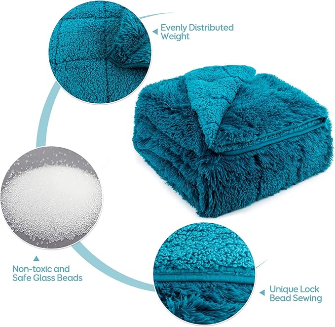 Cottonblue Weighted Blanket 12lbs for Twin Bed, Faux Fur Sherpa Weighted Blanket for Adults, Plush Cozy Bed Blanket with Glass Beads for Calm and Relax,Teal Green, 48x72 inches