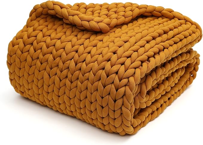 YnM Knitted Weighted Blanket, Handmade Chunky Knitted Design, Soft and Cozy, Temperature Regulating and Breathable, Machine Washable Throw for Sleep or Home Decor (Yellow Fusion, 50x60 Inch, 10lbs)