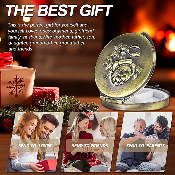 Portable Round Metal Pill Case with Mirror, Featuring 3 Compartments—Perfect for Travel. BPA-Free. (S-Bronze, Small)