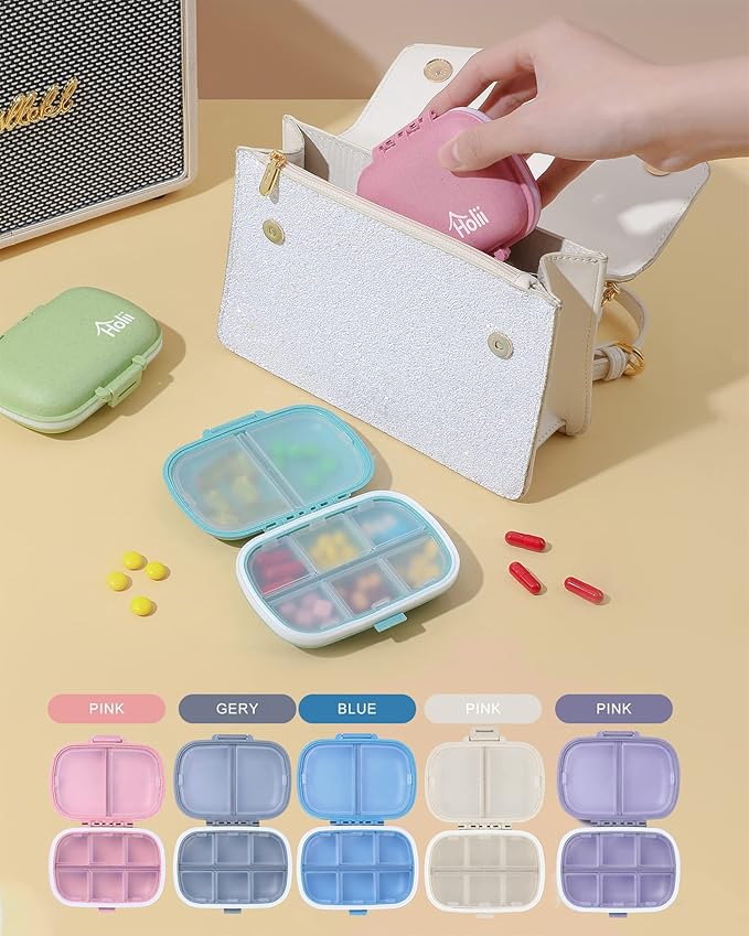 Holii Travel Pill Organizer, 8 Compartments Portable Pill Case, Daily Pill Box to Hold Vitamins, Small Pill Container for Pocket Purse Medicine Organizer（Gray）