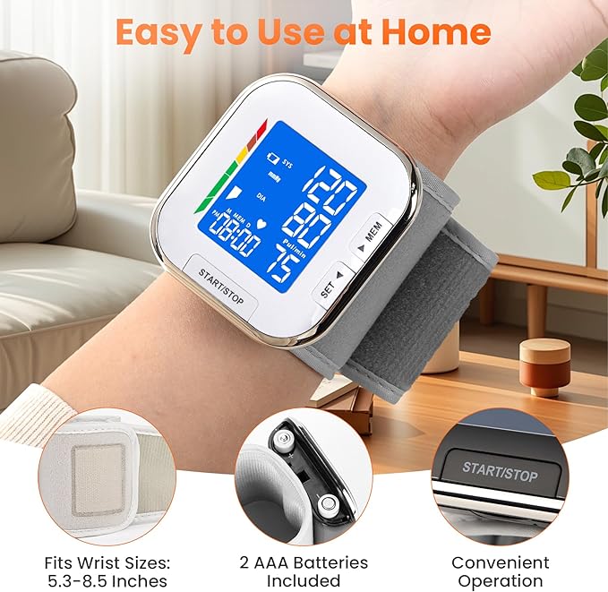 Blood Pressure Monitor Adjustable Wrist Cuff LCD Backlit Display BP Machine for Home Use Stores Up to 60 Readings Batteries Included with Carrying Case, White
