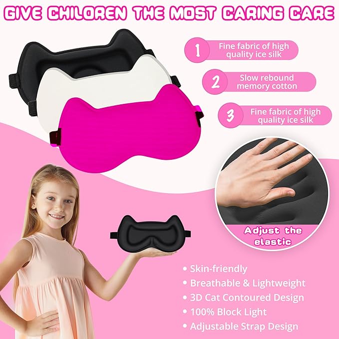 Kids Sleep Mask Eye Mask: 3D Contoured Cup Sleeping Masks, Blindfold with Adjustable Strap, Kids Eye Cover for Boys, Girls, Teens, Pressure-Free with Memory Foam Face Mask for Sleeping (Rose Red)