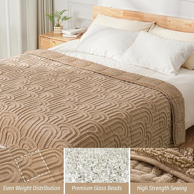 Wemore Jacquard Fleece Weighted Blanket Queen Size 60" x 80" 20lbs, Ultra Soft Cozy Sherpa Weighted Blankets for Adults, Ultra Fuzzy Heavy Blanket for Sleep, Fluffy Warm Throw for Bed, Brown