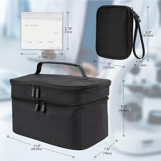 Medicine Organizer Bag, Dual Layers Pill Bottle Organizer Storage Bag with Adjustable Divide, Medication Travel Bag for Pills, Vitamins, Medical Supplies for Home with Pill Carrying Bag&Pill Pouch Bag