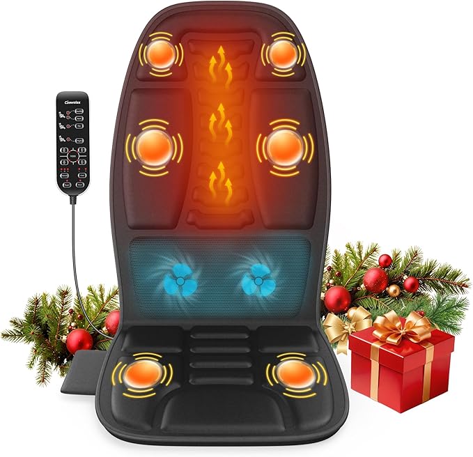 Back Massager with Heat, Cooling Back Massager for Chair, Chair Massager for Full Body Massage, Deep Tissue Vibration Pad with 6 Vibration Nodes, Jet-Black