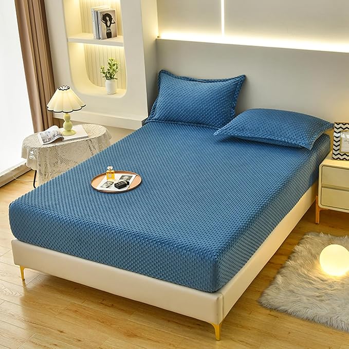 ZIQINPSQ Coral Velvet Fitted Sheet-Thickened Cold-Resistant and Warm Bed Sheets-Soft Velvet Fleece Fitted Sheets with-Elastic All Around. (Steelblue, Queen)