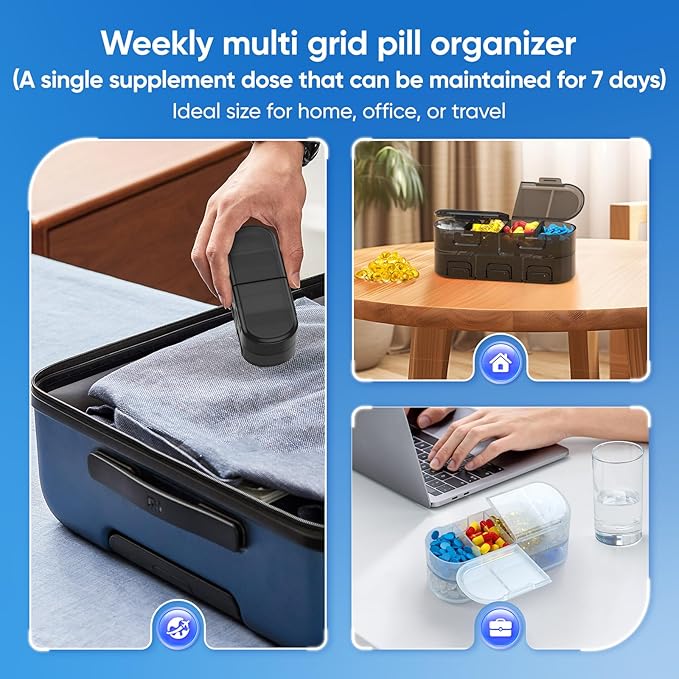 Weekly Pill Organizer, 2/3/4 Times a Day, Double-Sided Opening Design, Portable Pill Box for Storing Medication/Vitamins/Fish Oils/Supplements (Variable Grids White Black 2PC)