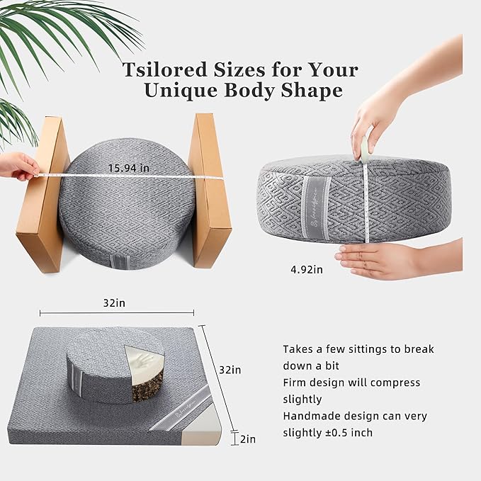 Meditation Zafu Cushion Set with Buckwheat Hulls & Memory Foam - Ergonomic Support for Yoga & Sitting - Removable Machine-Washable Luxury Velvet Cover - for Adults and Kids (Premium Grey)
